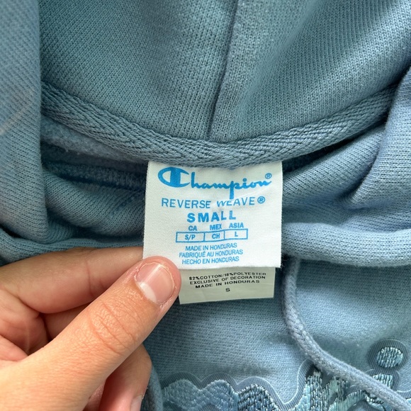 Champion Reverse Weave Hoodie Sweatshirt Blue Embroidered Spellout- Size S - Picture 3 of 4